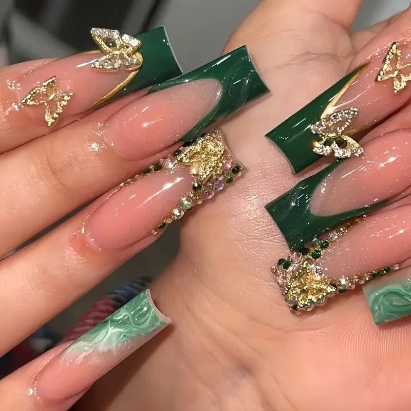 24Pcs Red Smudge French Full Cover Nails Tips Art Long Square Head Fake Nails 3D Flower Rhinestone Wearable Press on False Nails