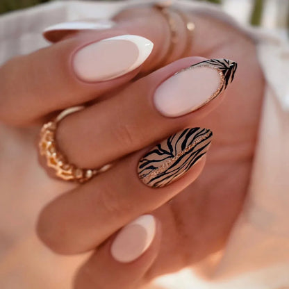24Pcs Mid-length Almond Press on Fake Nails Irregular Line French Design Full Cover Nail Tip Shiny Powder Detachable False Nails