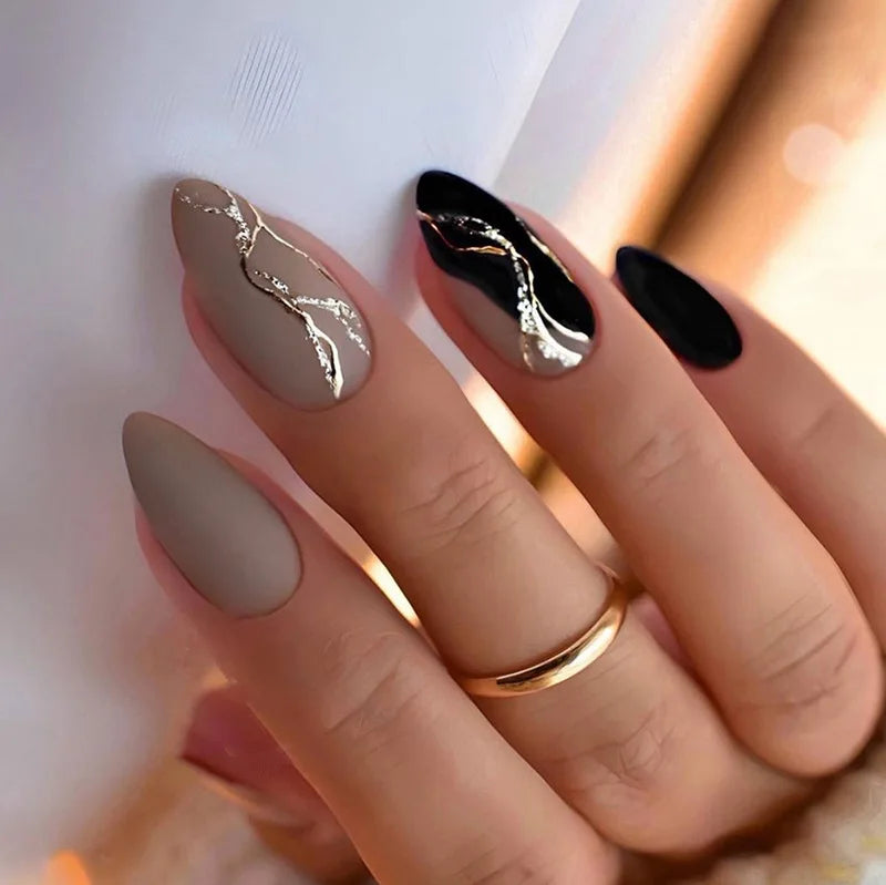 24Pcs Mid-length Almond Press on Fake Nails Irregular Line French Design Full Cover Nail Tip Shiny Powder Detachable False Nails