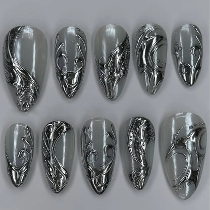 24Pcs Y2k French False Nails with Almond Head Design Silver Stripes Wearable Full Cover Press on Fake Nails Short Nail Art Tips