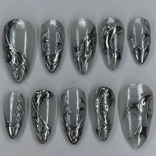 24Pcs Y2k French False Nails with Almond Head Design Silver Stripes Wearable Full Cover Press on Fake Nails Short Nail Art Tips