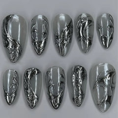 24Pcs Y2k French False Nails with Almond Head Design Silver Stripes Wearable Full Cover Press on Fake Nails Short Nail Art Tips
