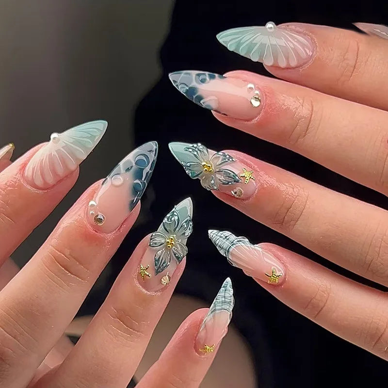 24Pcs White French Full Cover Fake Nail Tips with Pearl Reusable Short Almond False Nails Colorful Flowers Design Press on Nails