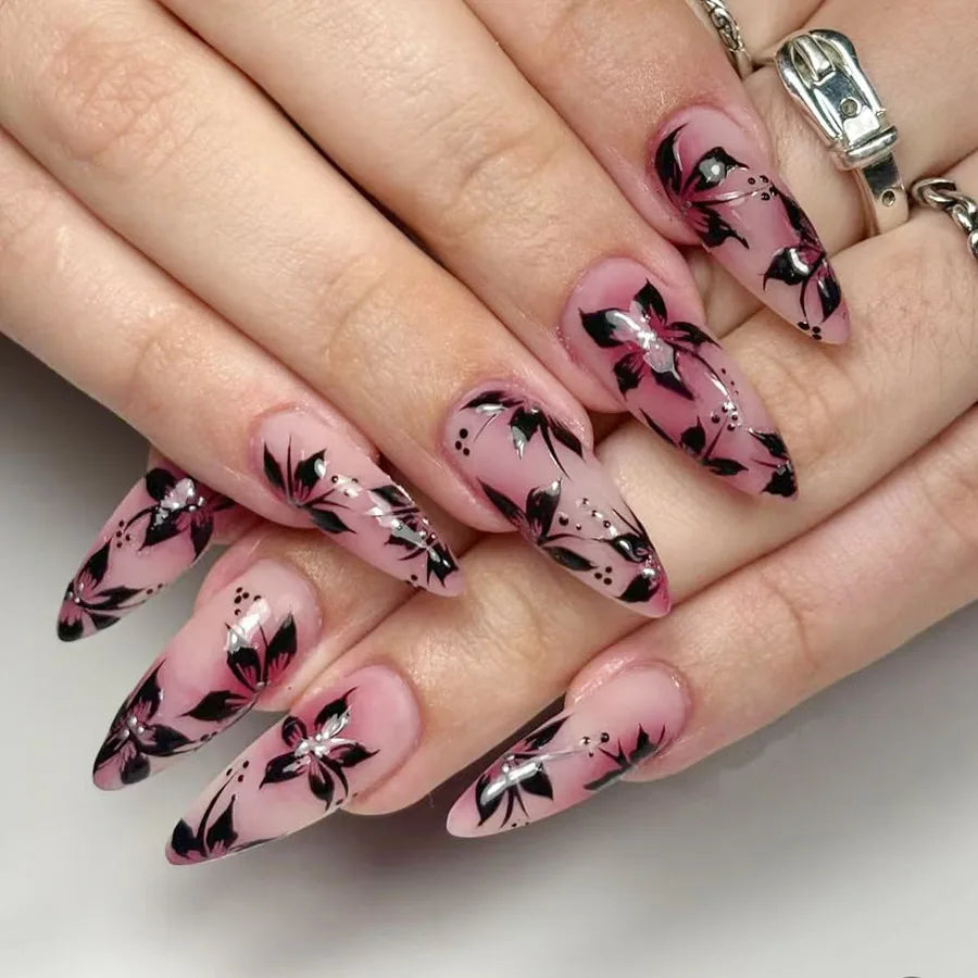 24Pcs Mid-length Almond Press on Fake Nail with French Flower Shiny Powder Design False Nails Art Reusable Full Cover Nails Tips
