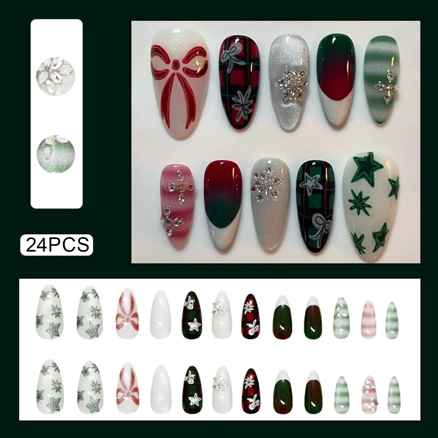 Christmas Almond Press On Nails, 24Pcs Full Cover Fake Nails Bowknot/Star/Snowflake Printed Wearable False Nails Diamond Decor