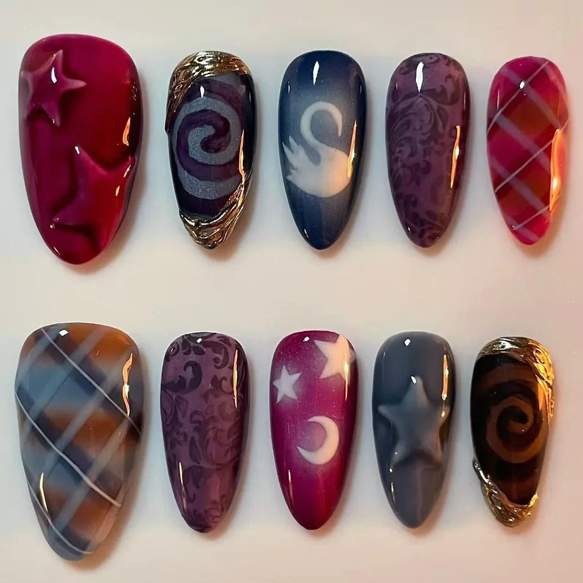 24Pcs Almond Fake Nail with Star and Moon Design Mid-length Round Head Press on False Nails Wearable Full Cover Nail Tips