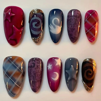 24Pcs Almond Fake Nail with Star and Moon Design Mid-length Round Head Press on False Nails Wearable Full Cover Nail Tips