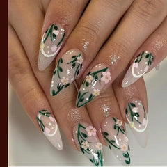24Pcs Green Cat's Eye Design Press on False Nails with Flower Pattern Short Almond Round Head Nails Set Tips Wearable Fake Nail