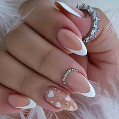 24Pcs Mid-length Almond Nails Set Press on With White Gradient Design Fake Nail Flower Pattern Reusable Finished False Nail Tip