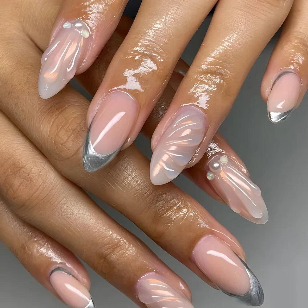 24Pcs Y2k French False Nails with Almond Head Design Silver Stripes Wearable Full Cover Press on Fake Nails Short Nail Art Tips