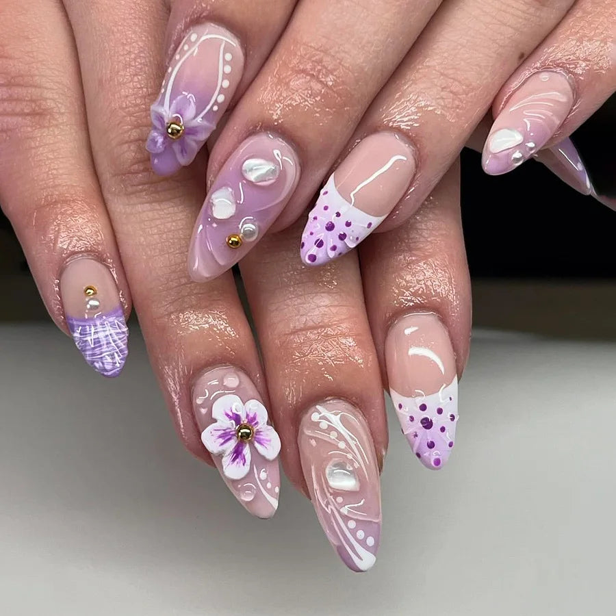 24Pcs Mid-length Blue Almond False Nails with 3D Shell Design Press on Nails Tips Butterfly Flower Pattern Datachable Fake Nail