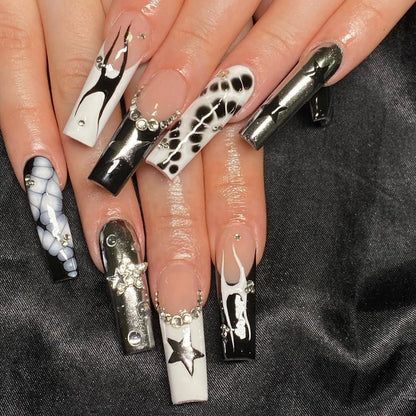 24Pcs Long Square Head False Nails Black French Bow Full Cover Fake Nail Tip Irregular Stripe Rhinestone Reusable Press on Nails