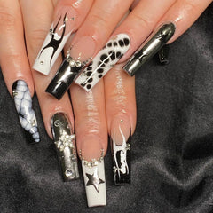24Pcs Long Square Head False Nails Black French Bow Full Cover Fake Nail Tip Irregular Stripe Rhinestone Reusable Press on Nails