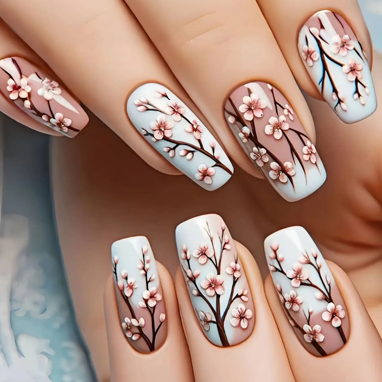 24pcs/set Medium long fake nails Gradient blue ocean fish sun flowers butterfly square ballet summer tips press on false nail