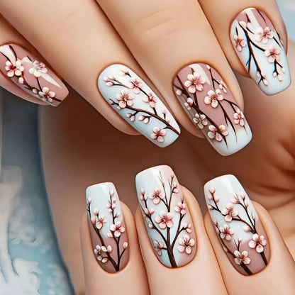 24pcs/set Medium long fake nails Gradient blue ocean fish sun flowers butterfly square ballet summer tips press on false nail