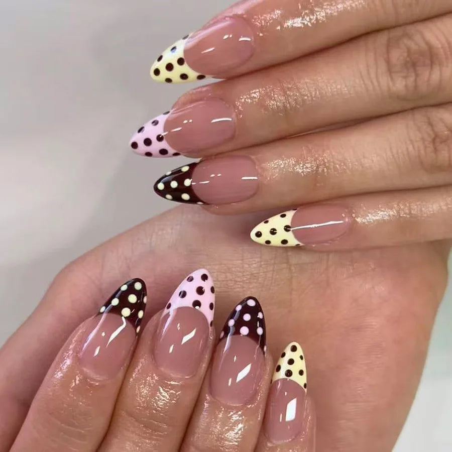 24Pcs Black White French Nails Set Press on Simple Polka Dot Full Cover Fake Nails Tips Mid-length Almond Detachable False Nails