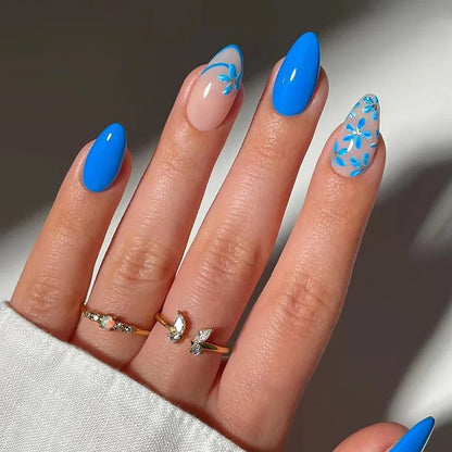 24Pcs Acrylic Round Head Fake Nail Tips Reusable Blue French False Nails Set Simple Almond Oval Full Cover Press on Nails