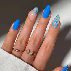 24Pcs Acrylic Round Head Fake Nail Tips Reusable Blue French False Nails Set Simple Almond Oval Full Cover Press on Nails