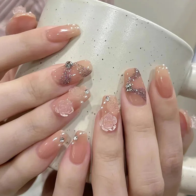 24Pcs Cat's Eye Leopard Print Gradient Fake Nails Mid-length Ballet Press on False Nails 3D Bow Detachable Full Cover Nails Tips