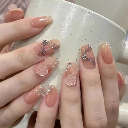 24Pcs Cat's Eye Leopard Print Gradient Fake Nails Mid-length Ballet Press on False Nails 3D Bow Detachable Full Cover Nails Tips