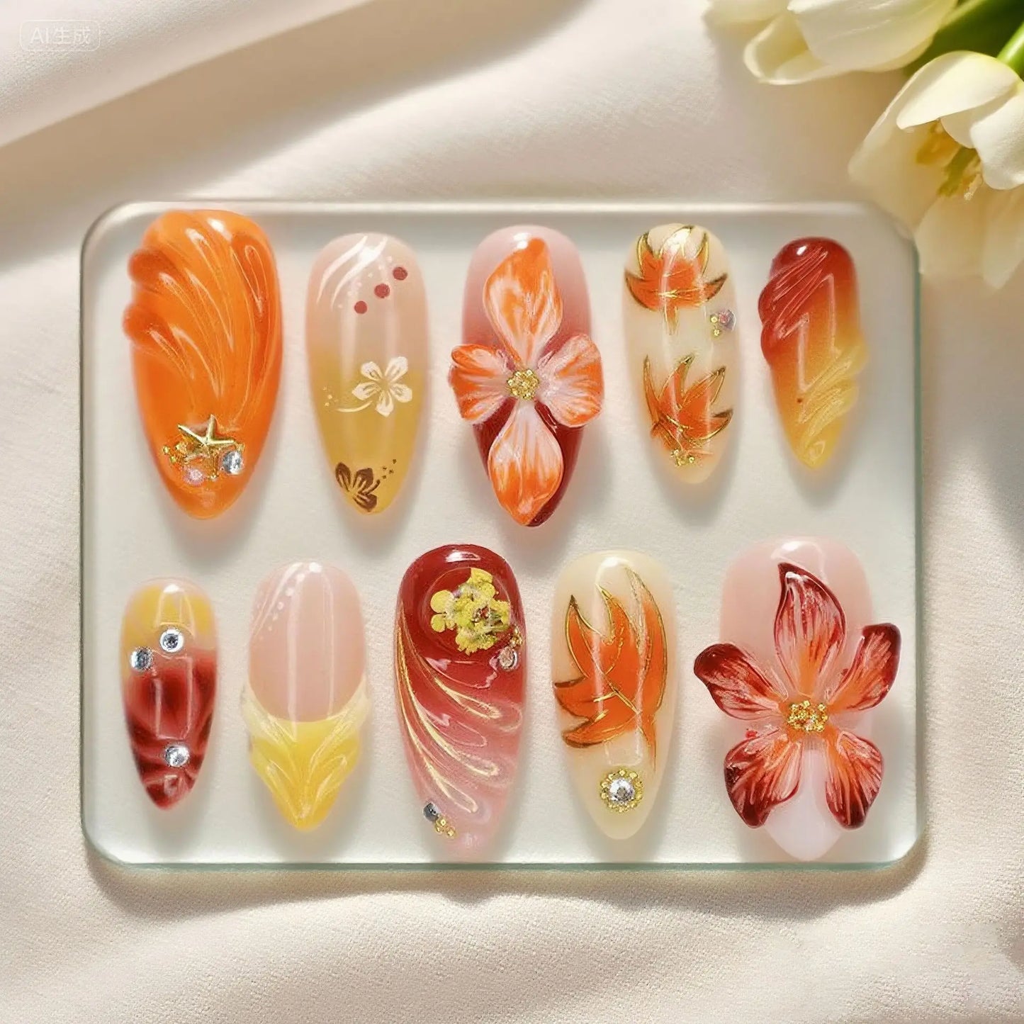 24Pcs Gilded 3D Flower Press on Nails Black French Leopard Print False Nails Mid-length Almond Wearable Full Cover Fake Nail Tip