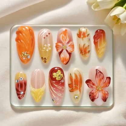 24Pcs Gilded 3D Flower Press on Nails Black French Leopard Print False Nails Mid-length Almond Wearable Full Cover Fake Nail Tip