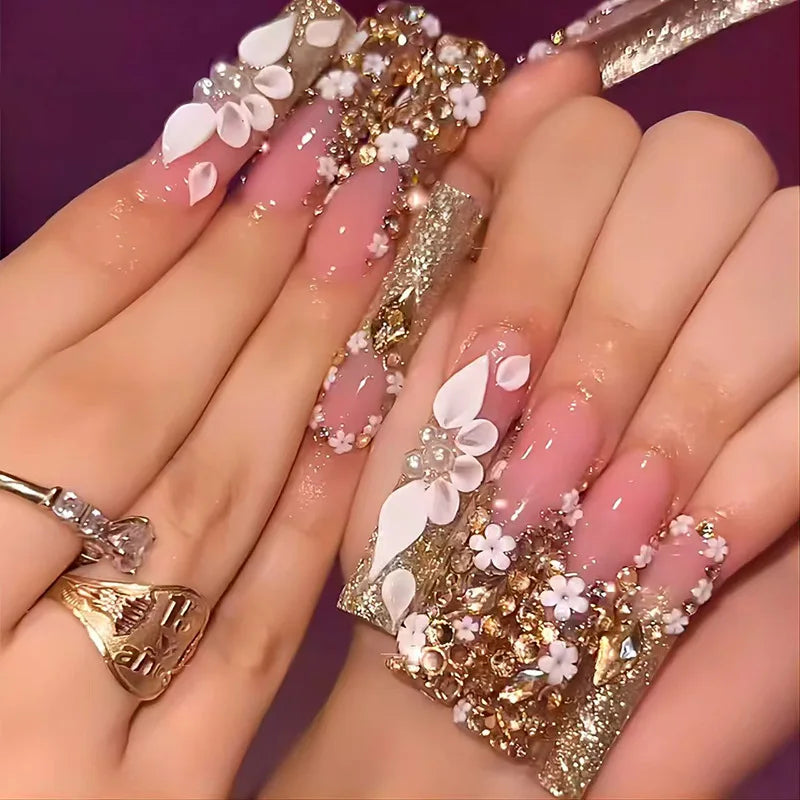 24Pcs Long French Square Head Press on False Nails 3D Blue Flower Rhinestone Design Full Cover Fake Nails Tips Wearable Manicure