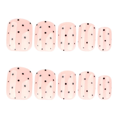 24Pcs Nude Color False Nails Black Polka Dot Printed Short Square Press On Nails Women Girls Charm Manicure Simple Fake Nails