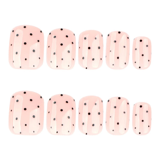 24Pcs Nude Color False Nails Black Polka Dot Printed Short Square Press On Nails Women Girls Charm Manicure Simple Fake Nails