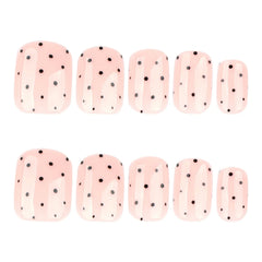 24Pcs Nude Color False Nails Black Polka Dot Printed Short Square Press On Nails Women Girls Charm Manicure Simple Fake Nails