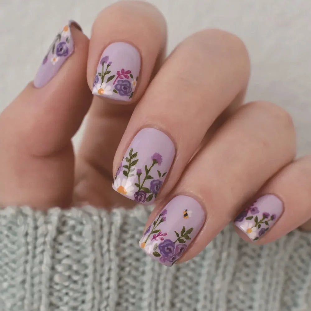 24Pcs Square Head Nails Set Press on Short False Nails with Purple Flowers Design Wearable Artificial Full Cover Fake Nail Tips