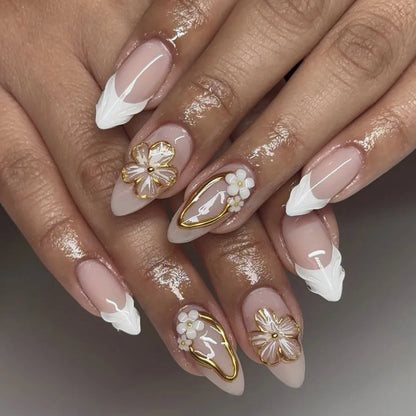 24Pcs Brown Cat's Eye French Full Cover Nail Tip Golden Flower Smudge Press on Fake Nails Mid-length Almond Reusable False Nails