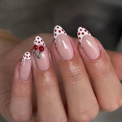 24Pcs Mid-length Stiletto Nails Set Press on French Wine Red Polka Dot False Nails 3D Cherry Reusable Full Cover Fake Nails Tips
