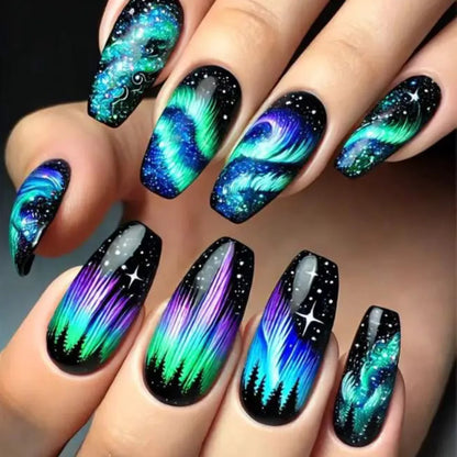 24pcs/set Medium long fake nails for women girls Y2K gradient purple blue yellow green square almond tips press on false nails