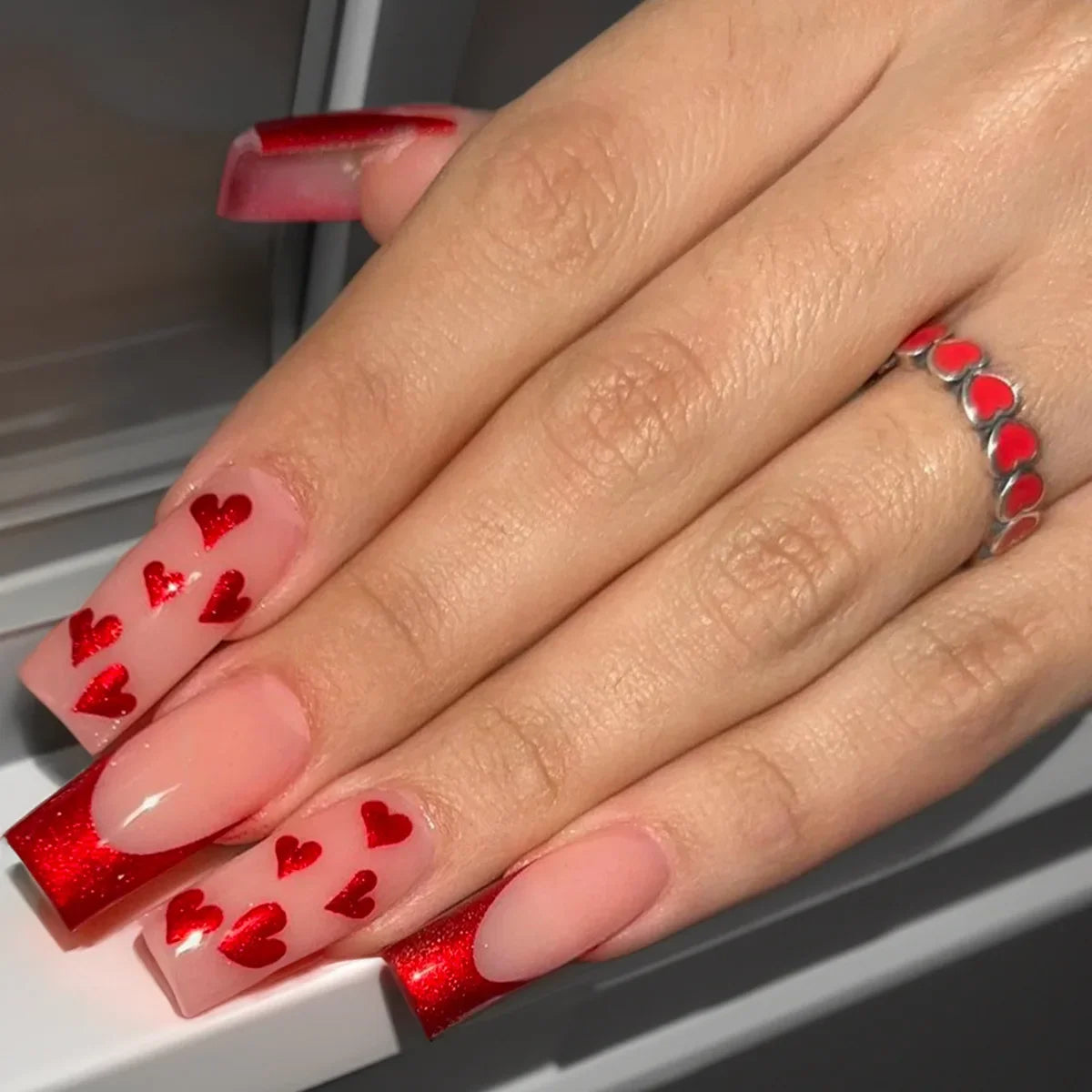 24Pcs Wearable False Nails with Rhinestone Long Square Press on Nails French Pink Flower 3D Bow Design Fake Nail Manicure Tips
