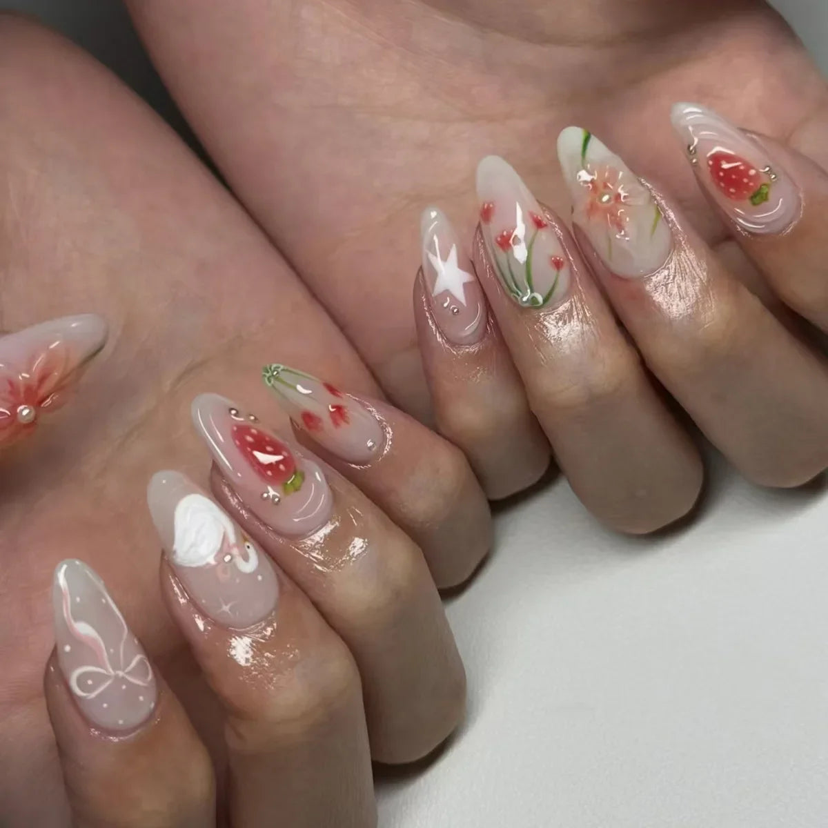 24pcs/set Medium fake nails for women girls 3D embossed flowers fruit shell rhinestones design Almond tips press on false nail
