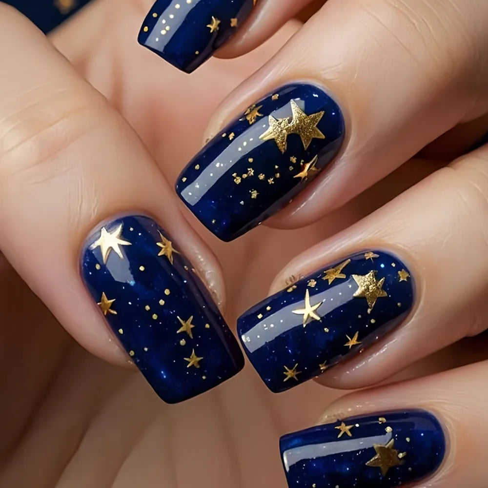 Shiny Blue Fake Nails 24Pcs Short Square Press On Nails Sparkly Gold Star Designs Reusable Acrylic False Nails Tips for Woman