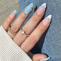 24Pcs 3D Shell Pattern Press on False Nails with Green Camellia Design Short Round Head Wearable Almond French Fake Nail Set
