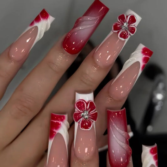 24Pcs Red Smudge French Full Cover Nails Tips Art Long Square Head Fake Nails 3D Flower Rhinestone Wearable Press on False Nails