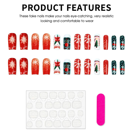 Christmas Fake Nails 24Pcs Medium-length Squre Press On Nails Xmas Tree/Snowflake Printed Women Girls Charm Manicure Nails Art