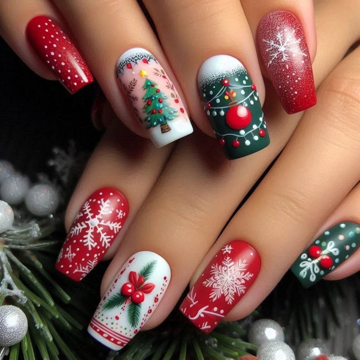 Christmas Fake Nails 24Pcs Medium-length Squre Press On Nails Xmas Tree/Snowflake Printed Women Girls Charm Manicure Nails Art