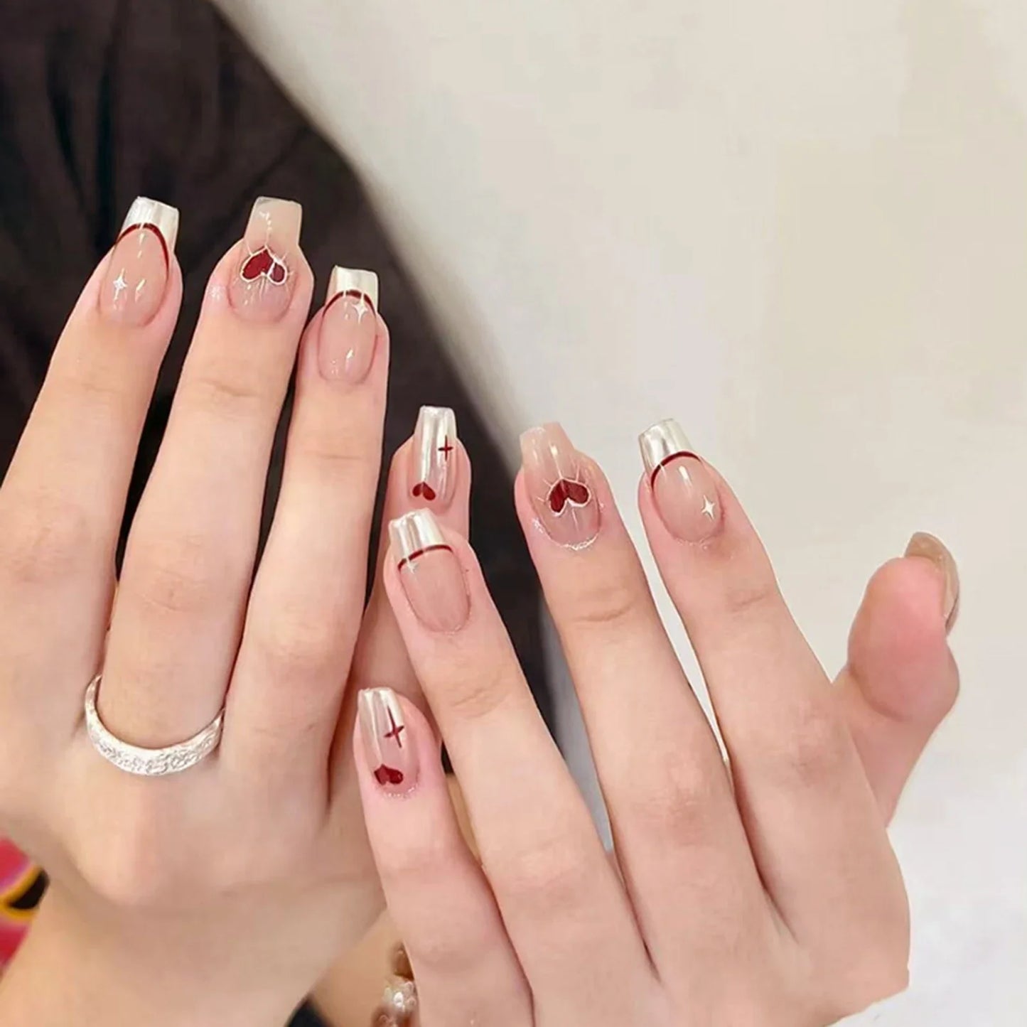 Nude Color Ballet Fake Nails 24Pcs French Press On Nails Love Heart Printed Ballerina Wearable False Nails Valentine's Day Use