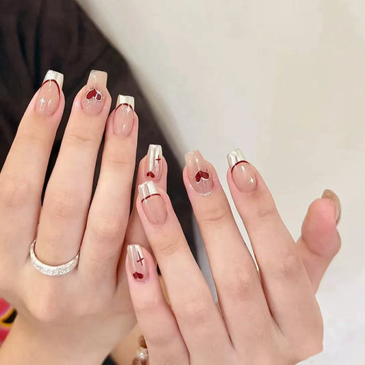 Nude Color Ballet Fake Nails 24Pcs French Press On Nails Love Heart Printed Ballerina Wearable False Nails Valentine's Day Use