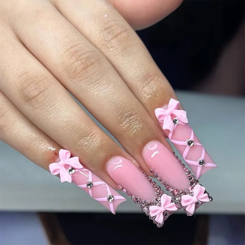 24Pcs Long Square White Pink French Press on Nails 3D Bow Flower Design False Nails Reusable Finished Full Cover Fake Nails Tips