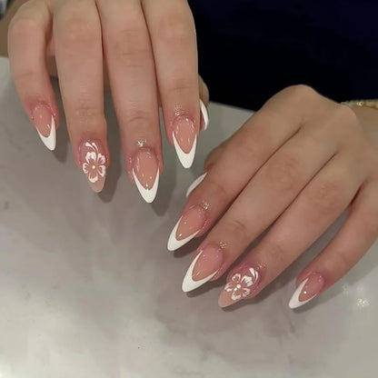 24Pcs Mid-length Almond Nails Set Press on With White Gradient Design Fake Nail Flower Pattern Reusable Finished False Nail Tip