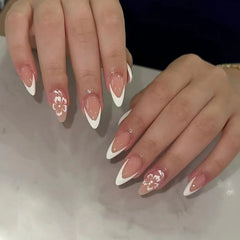 24Pcs Mid-length Almond Nails Set Press on With White Gradient Design Fake Nail Flower Pattern Reusable Finished False Nail Tip