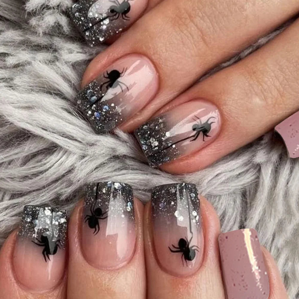 24Pcs Gradient Press on False Nails with Colorful Star Moon Design Glitter Short Square Head Manicure Tips Detachable Fake Nail