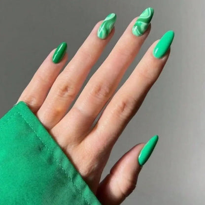 24Pcs Mid-length Almond Fake Nail with Blue Stripe Smudge Design Press on Nails for Woman Datachable Full Cover False Nails Tips