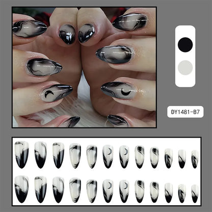Black Cool Fake Nails Halloween Bat Press on Nails Almond Decorated Nail Tips Rivet Bow False Nails 24pcs Reusable Acrylic Nails