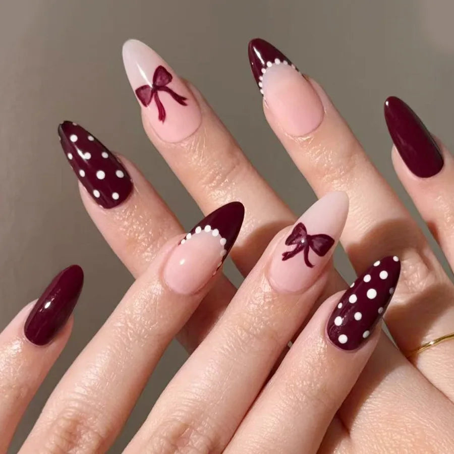 24Pcs Mid-length Stiletto Nails Set Press on French Wine Red Polka Dot False Nails 3D Cherry Reusable Full Cover Fake Nails Tips